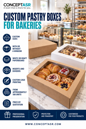 Custom pastry boxes for bakeries in white and kraft paperboard, with or without transparent windows