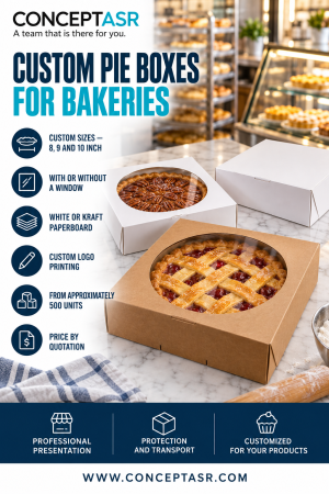 Custom pie boxes for bakeries in white and kraft paperboard, with or without transparent windows