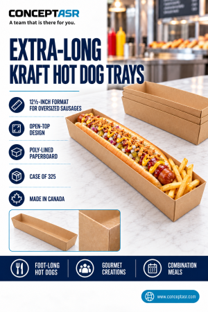 Extra-long TrayToGo kraft hot dog trays for foot-long hot dogs and oversized sausages – ConceptASR